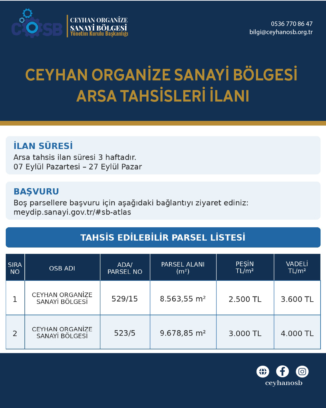 CEYHAN ORGANİZE SANAYİ BÖLGESİ ARSA TAHSİSLERİ İLANI